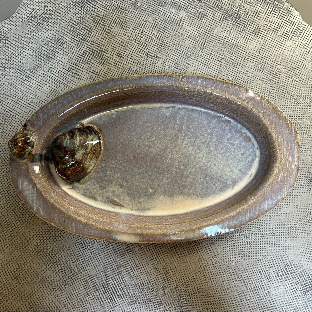 Studio Pottery ~ Decorative Handmade Oval Pottery Tray with Shell and Barnacle